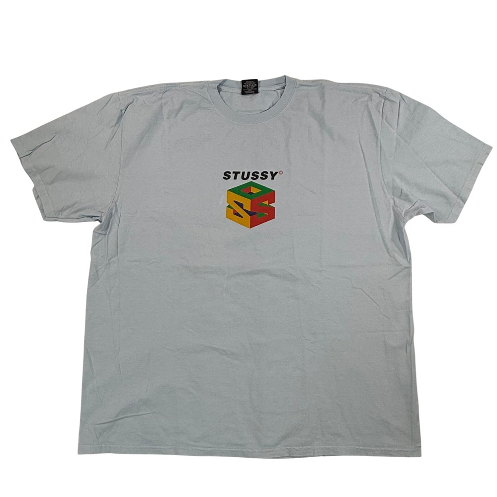 Stussy Light Blue Graphic S Cube Logo T-Shirt Mens XL Streetwear Crew Neck Tee